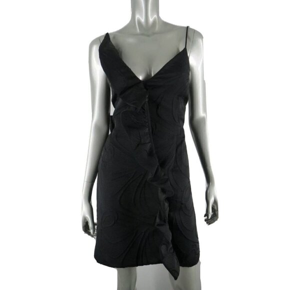 Milly of New York Brocade Ruffled Double Breasted Wrap Sheath Dress Black Sz 6 - Picture 1 of 12